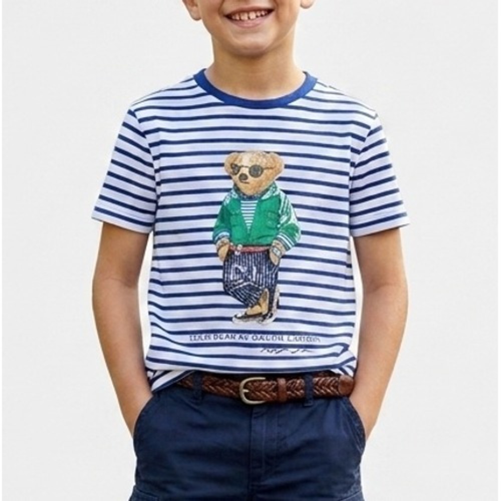 POLO RALPH LAUREN Bear Striped 100% Cotton Tee Blue/White Kids Size Small Casual